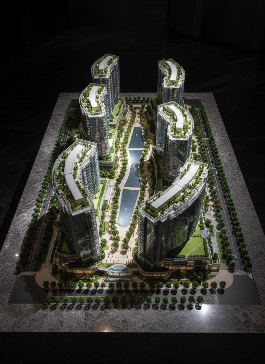 An aerial view of an upscale, master-planned mixed-use development model displayed on a dark stone surface. The miniature buildings have sleek glass facades and green rooftop terraces, arranged around tree-lined pedestrian pathways, reflective water features, and carefully plotted access roads. Directional spotlighting from above creates distinct highlights on glass surfaces and soft shadows between structures, accentuating the geometry and order. The overall mood is visionary and meticulously planned, evoking strategic positioning in real estate assets. Photographic realism with high sharpness and depth of field, capturing every detail of the model while the surrounding environment falls off into subtle darkness for a dramatic, focused presentation.