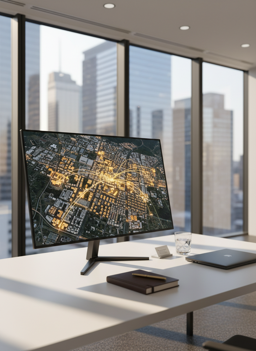 A refined real estate investment workspace with a large, ultra-thin black monitor displaying a detailed city map with highlighted property clusters in gold. The monitor sits on a seamless white desk alongside a closed matte black laptop, a structured leather notebook, and a crystal-clear glass of water. Behind, a floor-to-ceiling window reveals a blurred financial district with glass towers. Afternoon natural light streams in, combining with subtle recessed ceiling lights to create a calm, analytical atmosphere. Photographic realism, rule-of-thirds composition from a three-quarter angle, emphasizing clarity, precision, and strategic decision-making in real estate asset management.