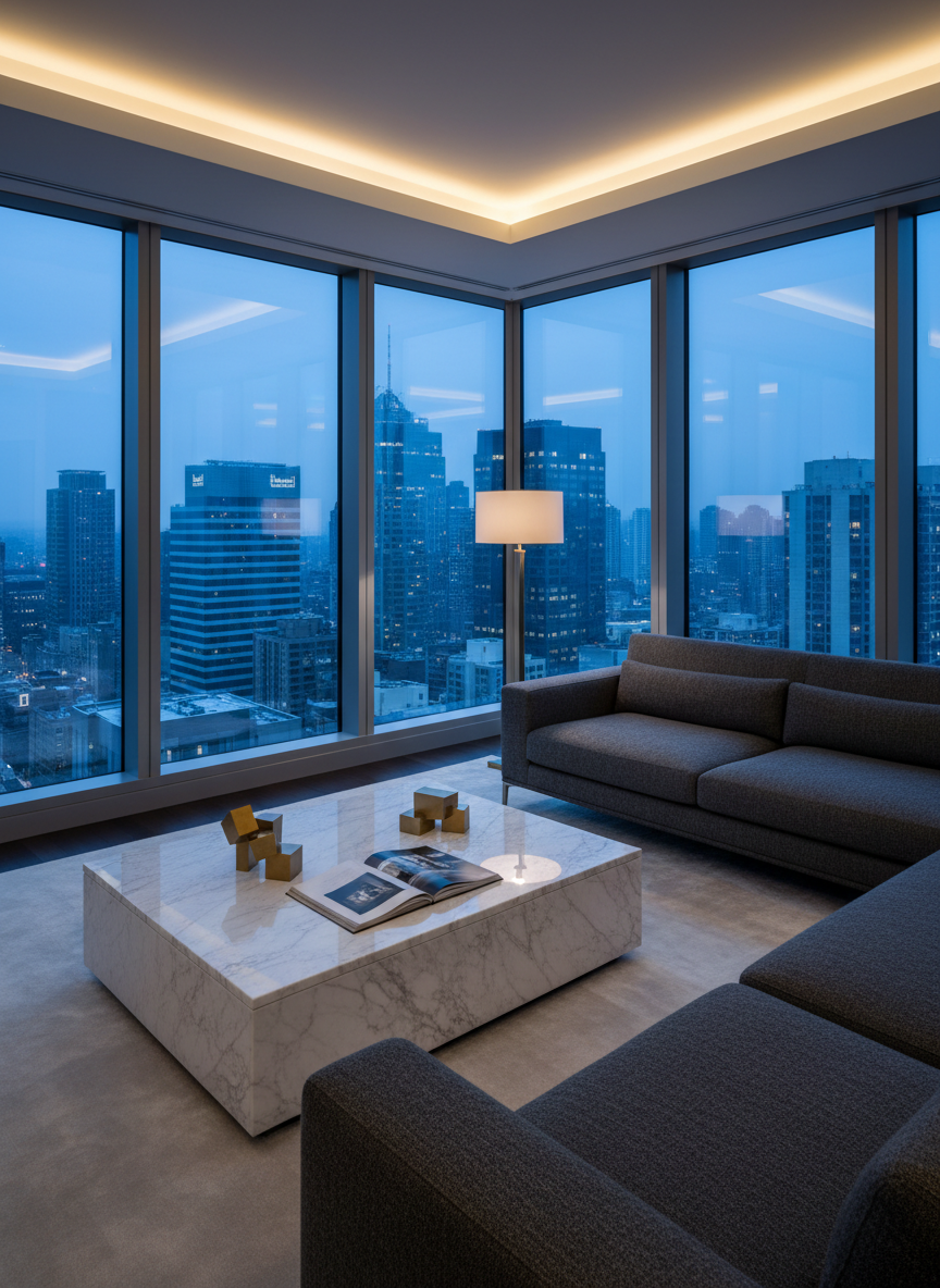 A luxurious corner of a high-end living room in a prime city apartment, featuring floor-to-ceiling windows framing a distant skyline of illuminated office towers at dusk. In the foreground, a low-profile designer sofa in textured charcoal fabric faces a marble coffee table with a single, carefully placed architectural magazine and a minimalist brass sculpture. Warm, indirect LED lighting gently washes the ceiling while cool blue twilight filters through the glass, creating a balanced, contemplative ambiance. Photographic realism, shot from a slightly elevated angle, with crisp detail on the furnishings and a soft, atmospheric blur on the cityscape beyond, conveying premium real estate value and strategic positioning.